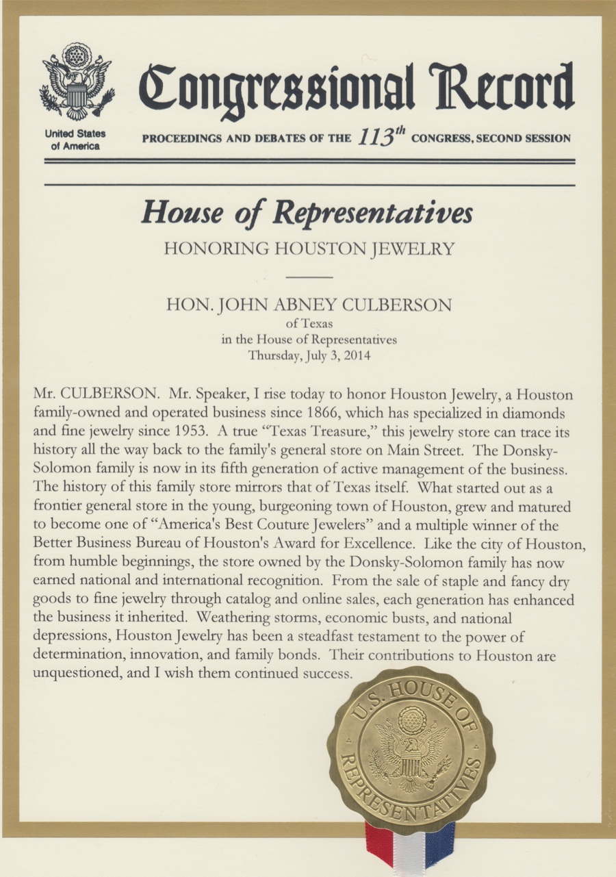 Congression Record Honoring Houston Jewelry